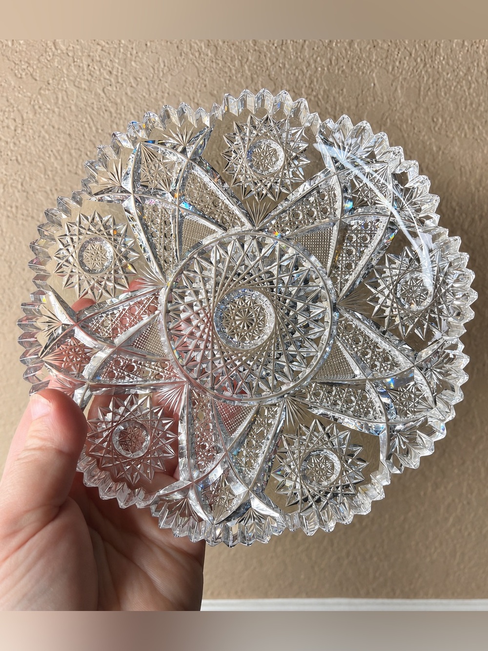 Vintage Brilliant Style Cut Glass Plate, Deep Cut Starburst Crystal Platter